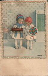 Two Girls with Cake & Flowers - Birthday Greeting Pauli Ebner Postcard Postcard Postcard