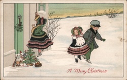 Children Delivering Christmas Gifts, Winter Scene - Vintage Holiday Postcard Pauli Ebner Postcard Postcard