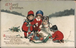 Children Opening Christmas Presents - Snowy Scene - Vintage Holiday Postcard Postcard Postcard