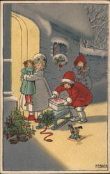 Children with Christmas Gifts & Sled, Snowy Scene, Vintage Holiday Postcard Pauli Ebner Postcard Postcard