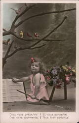 Little Girl with Flute, Birds, and Flowers - Colorized French Postcard Postcard