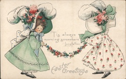 Two Girls with Easter Bonnets and Garland - Vintage Easter Greeting With Children Postcard Postcard Postcard