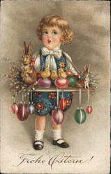 Boy with Easter Eggs & Bunnies - Vintage Czechoslovakian Postcard With Children Postcard Postcard