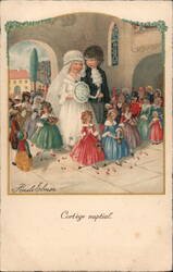 Whimsical Wedding Procession, Children as Guests, Vintage Illustration Postcard