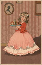 Little Girl in Pink Dress with Treats - Vintage Holiday Postcard Postcard