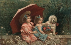 Two Girls with Dog & Flowers Under Umbrella - Birthday Greeting Postcard