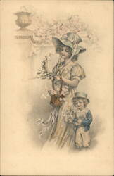 Woman & Child with Flower Baskets - Embossed Easter Postcard With Children Postcard Postcard