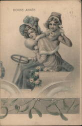 Two Women in Antique Car, Bonne Année, New Year Greeting Beautiful Ladies Postcard Postcard Postcard