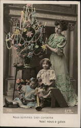 Mother & Children with Christmas Tree - Antique Colorized Photo Postcard Postcard Postcard