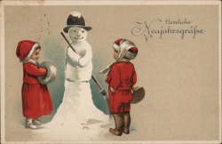 Children Building Snowman - German New Year's Postcard Snowmen Postcard Postcard