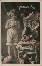 Little Girl with Doll & Easter Eggs, French Easter Postcard Postcard