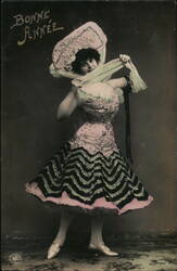 Bonne Annee: Woman in Pink & Black Dress, French New Year Postcard Beautiful Ladies Postcard Postcard