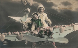 Children in Decorated Airplane, Valentine's Day Postcard