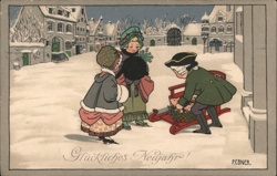 Children with Pig in Sled, Snowy Village Scene - Vintage New Year's Postcard Pauli Ebner Postcard Postcard