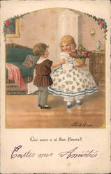 Children with Flowers - French Artist Signed Postcard Postcard