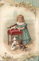 Little Girl Feeding Kitten & Puppies, Vintage Embossed Postcard Cats Postcard Postcard