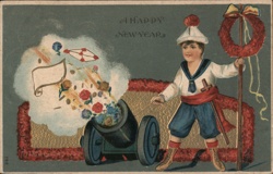 Happy New Year Boy with Cannon, Flowers Children Postcard Postcard Postcard