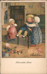 Children Fighting Over Toys - Vintage Illustration Postcard