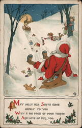 Santa Claus Sledding Downhill with Toys - Christmas Postcard Postcard Postcard