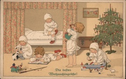 Four Children Playing on Christmas Morning - Vintage Illustration Pauli Ebner Postcard Postcard Postcard