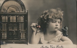 Little Girl with Bird and Birdcage - Sepia Portrait Postcard