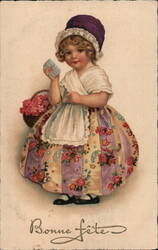 Bonne Fête: Little Girl with Gift & Flowers, Vintage French Postcard Postcard