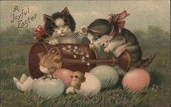 Two Kittens with Easter Eggs and Chicks - Vintage Easter Postcard Cats Postcard Postcard