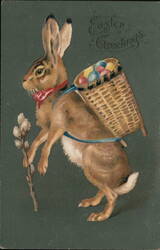 Easter Bunny with Basket of Eggs - Vintage Illustration With Bunnies Postcard Postcard Postcard