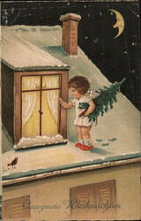 Christmas Angel with Tree on Snowy Roof, Night Scene Angels Postcard Postcard Postcard