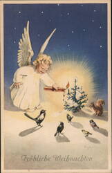 Christmas Angel Lights Tree with Animals, Vintage Holiday Postcard Angels Postcard Postcard