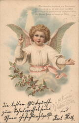 Christmas Angel with Holly Sprig, German Holiday Greeting Postcard