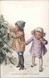 Children Decorating Christmas Tree, Vintage Holiday Scene Postcard Postcard Postcard