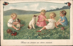 Children with Wire Fox Terrier Puppy, Easter Toys, Vintage Postcard Dogs Pauli Ebner Postcard Postcard