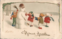 Children with Snowman, Bonne Année, French New Year Postcard Paul Ebner Postcard Postcard