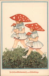 Twin Girls with Mushroom Hats & Dolls, Vintage Birthday Greeting Postcard