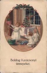 Vintage Christmas Angels Preparing Gifts, Hungary - Festive Holiday Scene Children Pauli Ebner Postcard Postcard Postcard