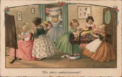 Antique Postcard - Girls Trying on Hats - French Fashion Postcard