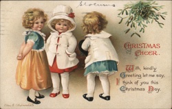 Three Children Under Mistletoe - Christmas Cheer - Embossed Postcard Postcard