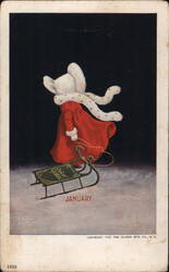 Antique Postcard - Girl in Red with Sled - January Postcard