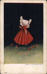 Little Girl in Red Dress with Apples - October - Vintage Illustration Postcard