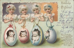 Four Girls with Kittens in Easter Eggs - Vintage Easter Postcard With Children Postcard Postcard