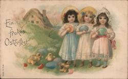 Three Girls with Easter Eggs and Chicks - Vintage Easter Postcard With Children Postcard Postcard