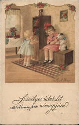 Two Girls & Puppy with Gift, Vintage Hungarian Birthday Postcard Postcard