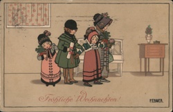 Four Children with Gifts, Frohliche Weihnachten Pauli Ebner Postcard Postcard Postcard