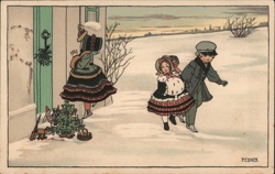 Children Leaving for Christmas Festivities - Vintage Winter Scene Pauli Ebner Postcard Postcard Postcard