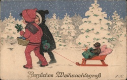 Children with Teddy Bear on Sled, Snowy Christmas Scene Postcard Postcard Postcard