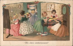 Charming Girls Trying on Hats - Vintage Children's Fashion Postcard Postcard