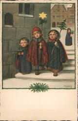 Three Children with Star & Tree, Vintage German Christmas Postcard Pedner Postcard Postcard