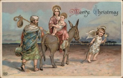 Flight into Egypt Christmas Postcard, Angel, Madonna & Child, Donkey Postcard