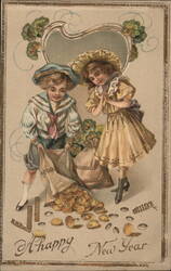 Happy New Year! Children with Bag of Gold Coins - Vintage Holiday Postcard Postcard Postcard